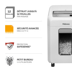 Fellowes 12Ms Destructeur de Papier 12 Feuilles, Destructeur De Documents Coupe-Mini, Technologie D'Inversion Automatique, 30 Mi