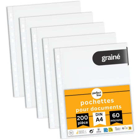 perfect line 200 pochettes transparentes pour documents DIN-A4, pochette plastique transparentes, pochette A4 grainées, 60 micro