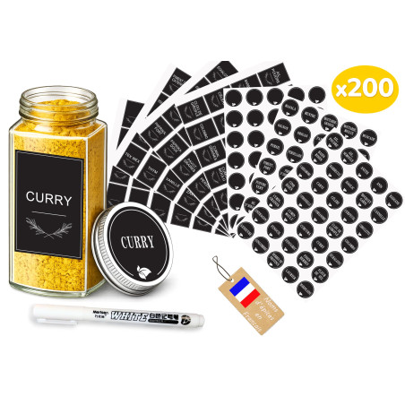 Étiquettes Épices Français pour Bocaux – 200 Stickers Autocollants Noirs – Rondes & Rectangulaires – Marqueur Blanc Inclus – Cui