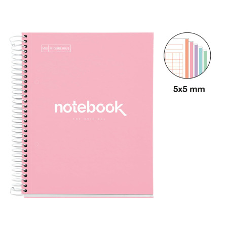 Miquelrius - Cahier A5 Carnet de Notes Emotions, 120 Feuilles 90 g/m², Grille 5 x 5 mm, 5 Bandes de couleur, Spirale microperfor