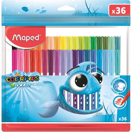 Maped - Feutres Ocean Color Peps -36 Feutres de Coloriage Encre Lavable - Pointe Moyenne Ogive Douce et Souple - Pochette Plasti