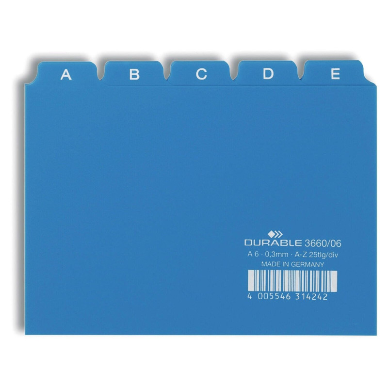 Durable 366006 Jeu de 25 Intercalaires avec onglets imprimés A Z format A6 Bleu Durable 366006 Jeu de 25 Intercalaires avec onglets imprimés A Z format A6 Bleu