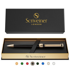 Scriveiner Stylo Bille Coffret Stylo à Bille Noir Laqué Finition Plaqué or véritable, Rechargeable et Rétractable, Beau Cadeau p