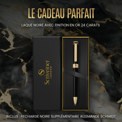 Scriveiner Stylo Bille Coffret Stylo à Bille Noir Laqué Finition Plaqué or véritable, Rechargeable et Rétractable, Beau Cadeau p