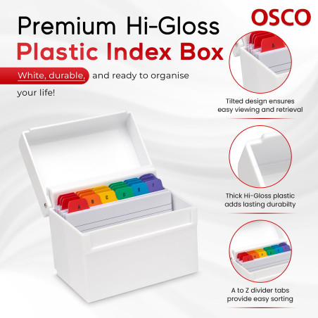 Osco White Hi-Gloss Index Box with 100 Cards and Coloured Tabs Blanc