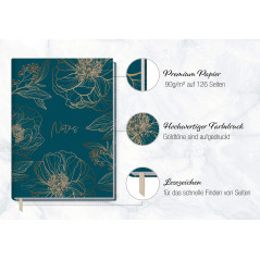 Carnet de notes A5 ligné "Fleur d'or" de Trendstuff by Häfft - 124 pages, 62 feuilles - idéal comme journal intime, livre d'idée