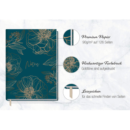 Carnet de notes A5 ligné "Fleur d'or" de Trendstuff by Häfft - 124 pages, 62 feuilles - idéal comme journal intime, livre d'idée