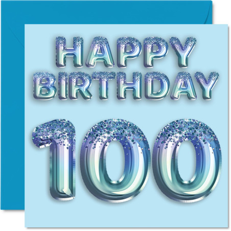 Carte de 100e anniversaire pour homme – Ballon de fête bleu pailleté – Cartes d'anniversaire pour homme de 100 ans, arrière-gran