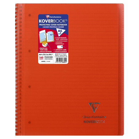 Clairefontaine 596804C Un Cahier à Spirale Koverbook Rouge - A4+ 22,5x29,7 cm - 160 Pages Détachables Lignées avec Marge - Papie