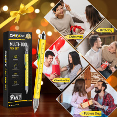 Chipate Cadeau Homme, Cadeau Fete des Peres, Stylo Multifonction 9 en 1, Gadget Insolite Utile Stylo Hommes/Femmes
