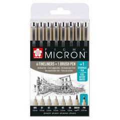 SAKURA Pigma Micron Fineliner Set - 6 tailles de pointe + Brush & PN Pen Free - Noir - Résistant à l'eau et à la décoloration