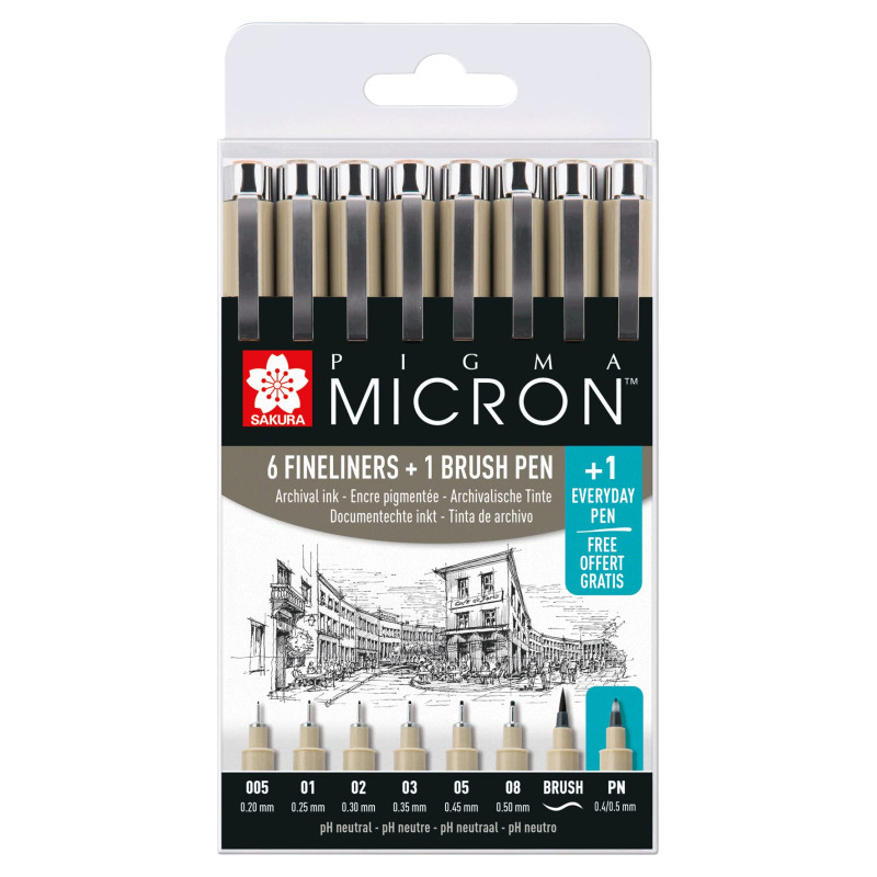 SAKURA Pigma Micron Fineliner Set - 6 tailles de pointe + Brush & PN Pen Free - Noir - Résistant à l'eau et à la décoloration