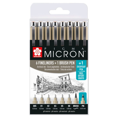 SAKURA Pigma Micron Fineliner Set - 6 tailles de pointe + Brush & PN Pen Free - Noir - Résistant à l'eau et à la décoloration