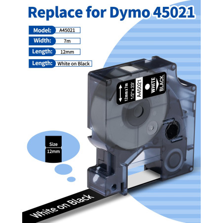Oozmas 45021 Ruban pour Étiqueteuse Compatible avec Dymo D1 Blanc sur Noir 12mm x 7m, Cartouche Compatible avec DYMO LabelManage
