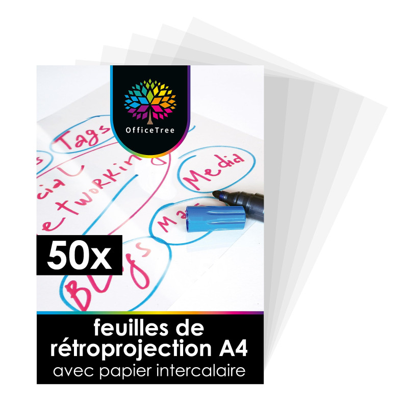 OfficeTree 50 x Feuilles Transparente pour Rétroprojecteur A4 - Feuille Transparente Imprimable - Pour Présentations et Dossiers OfficeTree 50 x Feuilles Transparente pour Rétroprojecteur A4 - Feuille Transparente Imprimable - Pour Présentations et Dossiers
