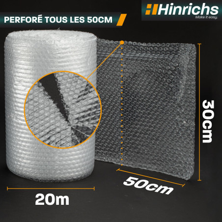 Hinrichs Rouleau de Papier Bulle 20m x 30cm perforé - Idéal pour l'expédition, l'emballage et le Déménagement - 100% Recyclable