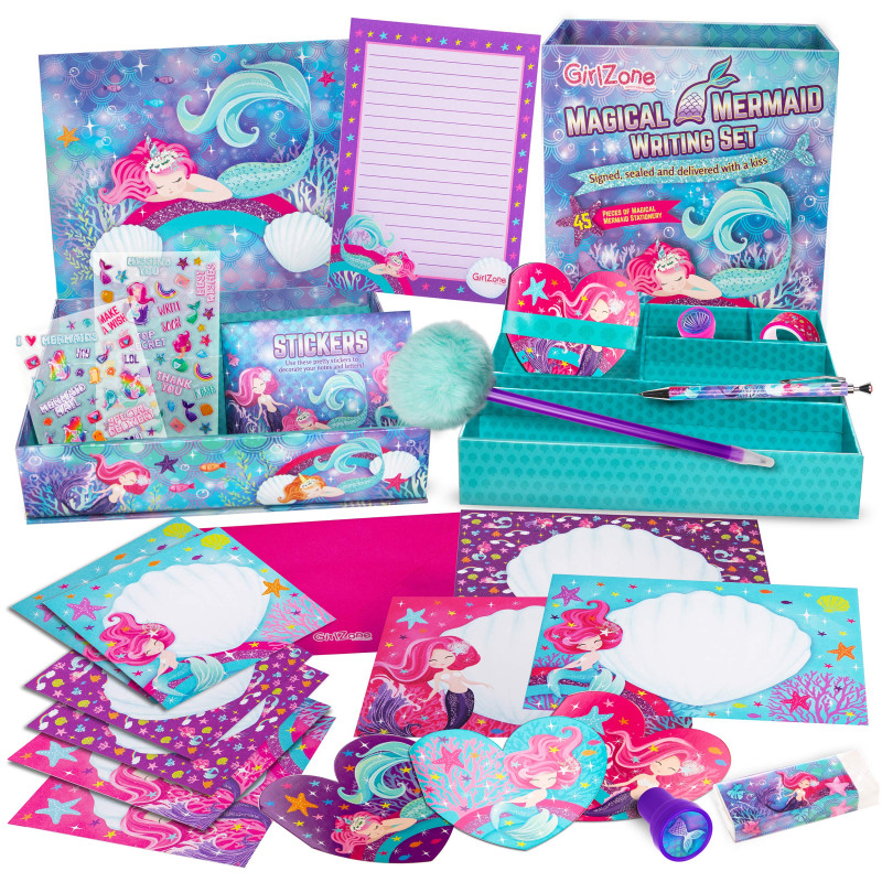 GirlZone Cadeau Fille Mermaid Stationary Set Ensemble Kit d'Écriture de Papier à Lettres de 45 Pièces avec Enveloppes, Cartes et