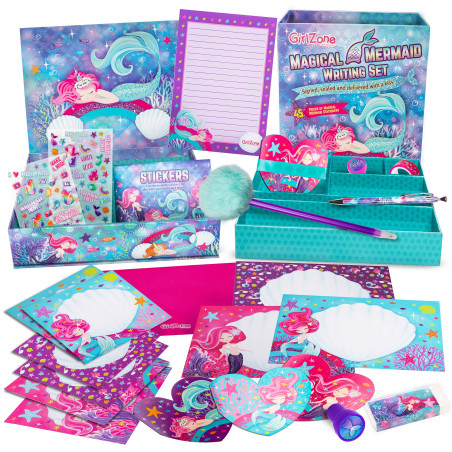 GirlZone Cadeau Fille Mermaid Stationary Set Ensemble Kit d'Écriture de Papier à Lettres de 45 Pièces avec Enveloppes, Cartes et