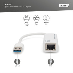 Adaptateur réseau DIGITUS via USB 3.0 - Gigabit Ethernet 1 GBit/s RJ45 - Connexion LAN supplémentaire via connecteur USB-A