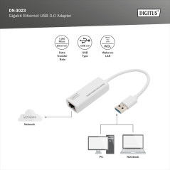 Adaptateur réseau DIGITUS via USB 3.0 - Gigabit Ethernet 1 GBit/s RJ45 - Connexion LAN supplémentaire via connecteur USB-A