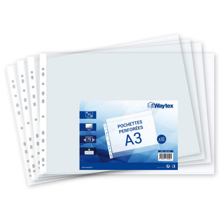 Waytex Chemise Pochette perforée A3, épais 7.5/100, Sachet de 10 (Ouverture Haut)