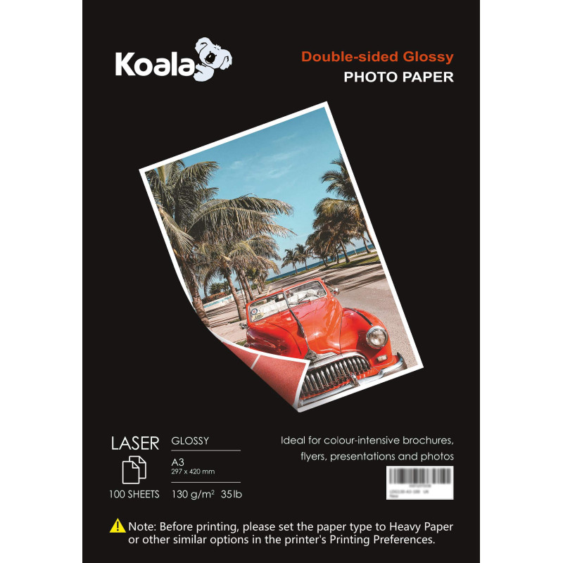 KOALA Papier Photo Double Face Brillant pour imprimante LASER, A3, 130 g/m², 100 feuilles. Convient pour l'impression de Photos, KOALA Papier Photo Double Face Brillant pour imprimante LASER, A3, 130 g/m², 100 feuilles. Convient pour l'impression de Photos,