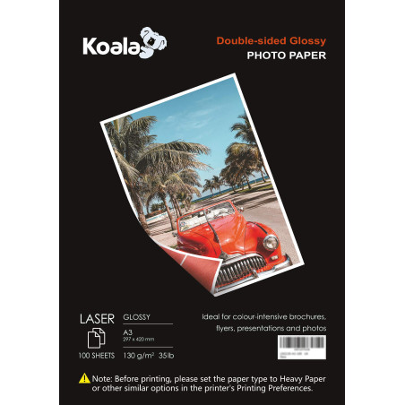 KOALA Papier Photo Double Face Brillant pour imprimante LASER, A3, 130 g/m², 100 feuilles. Convient pour l'impression de Photos,