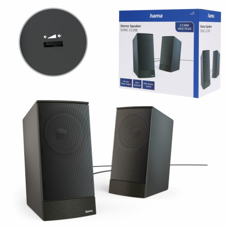Hama Sonic LS-208 Enceintes pour Ordinateur - Système Stéréo 2.0, Haut-Parleurs Alimentés en USB, Connexion Jack 3.5mm - Noir