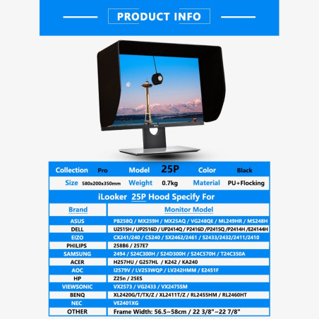 iLooker-25P 25&24 inch Thick Frame LCD LED Video Monitor Hood Sunshade Sunhood for Dell HP Viewsonic Philips Samsung LG EIZO NEC