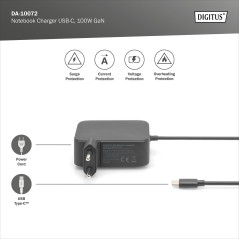 DIGITUS 100W GaN Chargeur USB-C pour Ordinateur Portable - Technologie nitrure de Gallium - Power Delivery 3.0 - Longueur de câb