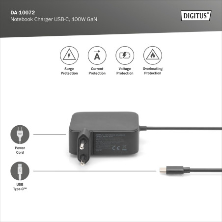 DIGITUS 100W GaN Chargeur USB-C pour Ordinateur Portable - Technologie nitrure de Gallium - Power Delivery 3.0 - Longueur de câb