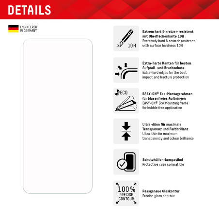 Displex Verre blindé 2D/transparent (10H) pour Xiaomi Redmi Note 12 Pro (+) 5G, cadre de montage écologique, verre trempé, film