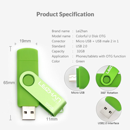 leizhan Clé USB 32Go USB 2.0 OTG 2 en 1 Flash Drive Mémoire Stick pour PC Ordinateur Portable Android Smartphone Tablette-Vert