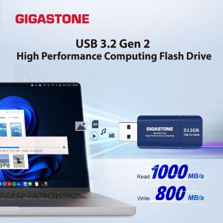Gigastone Z80 Clé USB 3.2 Gen2 512 Go, R/W 1000/800 Mo/s HPC Calcul Haute Performance, Rétractable sans Capuchon Conception, Com
