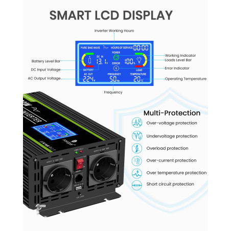 NOVOPAL Convertisseur Pur Sinus 1500W Onduleur Convertisseur 12V 220V 230V avec télécommande et Dual AC Prises et écran LCD,pour