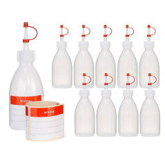 Lot de 10 bouteilles en plastique de 100 ml en polyéthylène basse densité, naturel, G18, bouchon compte-gouttes, bande de mainti