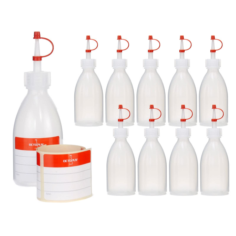 Lot de 10 bouteilles en plastique de 100 ml en polyéthylène basse densité, naturel, G18, bouchon compte-gouttes, bande de mainti Lot de 10 bouteilles en plastique de 100 ml en polyéthylène basse densité, naturel, G18, bouchon compte-gouttes, bande de mainti