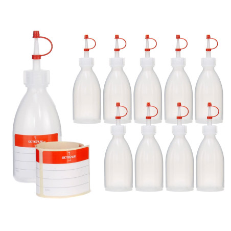 Lot de 10 bouteilles en plastique de 100 ml en polyéthylène basse densité, naturel, G18, bouchon compte-gouttes, bande de mainti