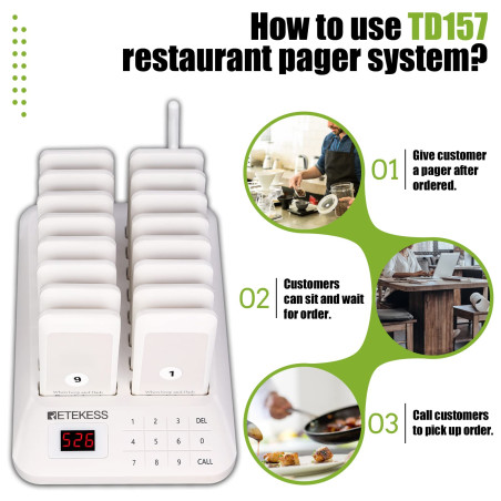 Retekess TD157 Blanc Élégant Bipper Restaurant, 500M Restaurant Pager, 300 mAh 20H, 998 Canaux, Simplicité d'utilisation, Bipeur