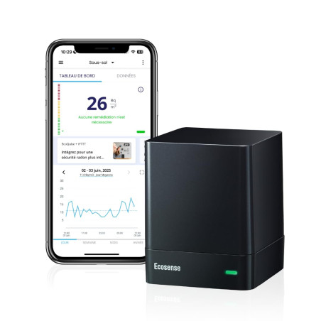 Ecosense EQ100 EcoQube, Détecteur de Radon Numérique, Capture Rapide des Variations, Surveillance Continue avec Graphiques de Te