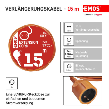 EMOS - Rallonge IP20 15 m - 1 Prise Schuko - 230 V, 16 A, 3680 W - Isolation en PVC de qualité supérieure - H05VV-F3G 1,5 mm² -