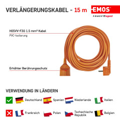 EMOS - Rallonge IP20 15 m - 1 Prise Schuko - 230 V, 16 A, 3680 W - Isolation en PVC de qualité supérieure - H05VV-F3G 1,5 mm² - 