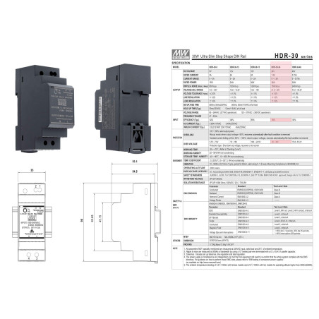 Mean Well HDR-30-24 Bloc d'alimentation rail DIN 24 VDC 1,5 A 36 W