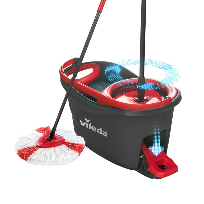 Vileda Turbo 2en1 Kit Complet Lavage Sol, Manche télescopique 85-123 cm, Balai avec Seau essoreur, Tête de serpillière en Microf