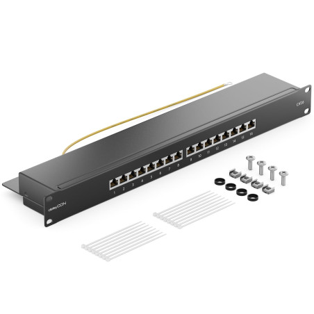 deleyCON CAT6 Panneau de Brassage 16 Port Bureau 19 Pouces Le Montage en Rack Assemblage du Serveur 16x RJ45 Blindé TIA568A TIA5