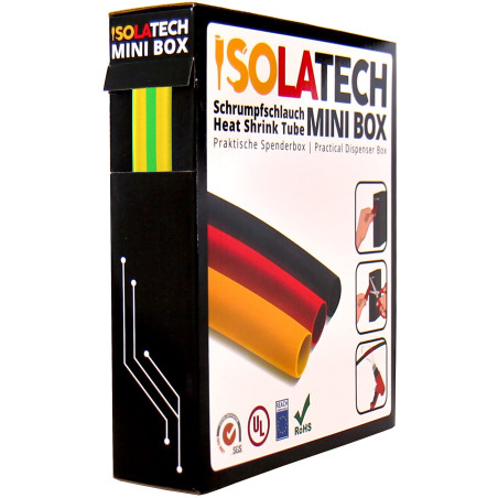 ISOLATECH Gaine thermorétractable 2:1 Mini Box sans adhésif Jaune vert rayé Mise à la terre Ø12,7mm 6 mètres pour câbles résista