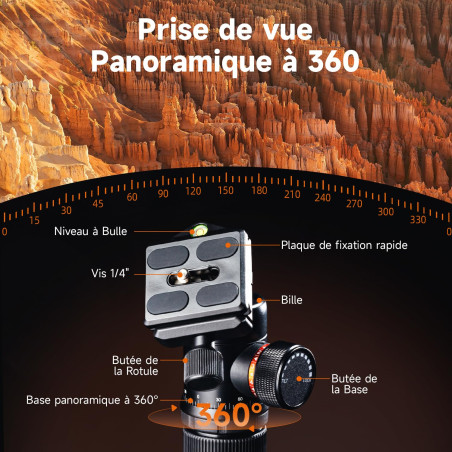 Rollei C6i Trepied Appareil Photo Noir, 172cm Trépied de Voyage en Carbone Portable avec Tête Sphérique 360° Trépied Caméra pour