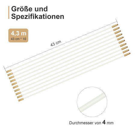 Tiges de câble en fibre de verre, kit de bande de poisson en cours d'exécution, 43 cm x 10, extracteur de câble, connectable, ti