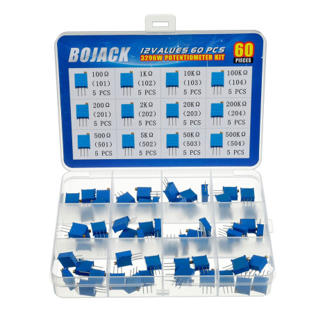 BOJACK 12 Valeurs 60 pièces 100 à 500K ohm. Kit d'assortiment de potentiomètres ajustables multiturnes 3296W dans une boîte en p