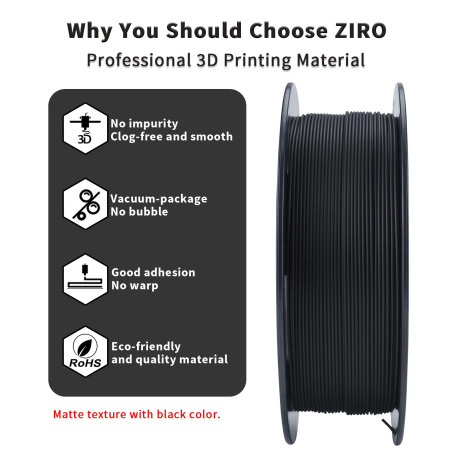 ZIRO Filament PLA Mat 1.75mm, Filament pour Imprimante 3D 1kg, PLA Haute Ténacité, Précision Dimensionnelle +/- 0.03mm, Noir